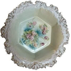 Antique Bowl RS Prussia Floral Pink Rose Gold Trim 10.5” Ornate Decorative Fruit